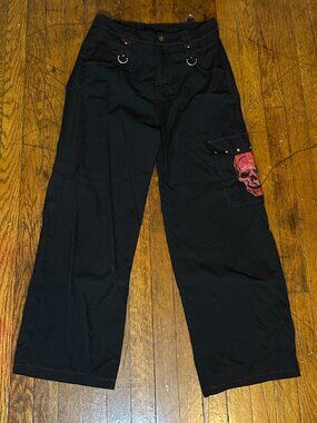 Black Wide Leg Pants with Red Skull
